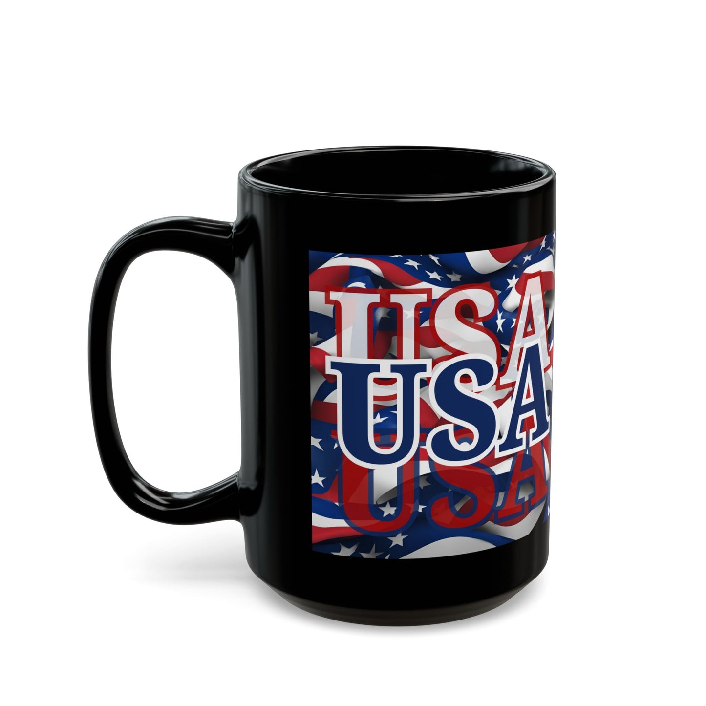 USA Blue font Center Patriot Black Mug by theGreenDragonTavern.shop