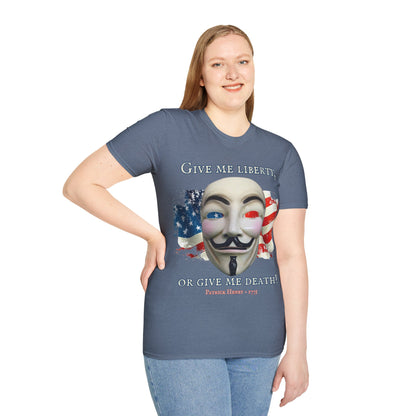 Vendetta, "Give me liberty, or give me death!" Dark colors Unisex T-Shirt by theGreenDragonTavern.shop