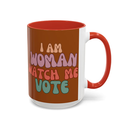 I Am Woman Watch Me Vote Brown Accent Mug by theGreenDragonTavern.shop