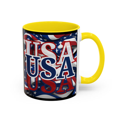USA Blue font Center Patriot Black Accent Mug by theGreenDragonTavern.shop