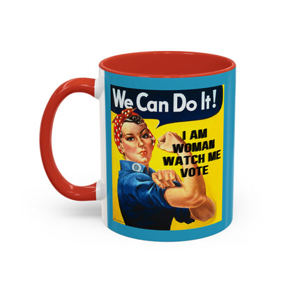I Am Woman Watch Me Vote Rosie Turquoise Accent Mug by theGreenDragonTavern.shop