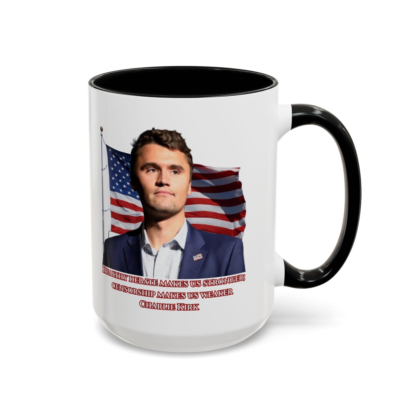Charlie Kirk, Healthy Debate White Accent Mug by theGreenDragonTavern.shop