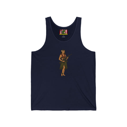 Hula Girl Packin' Heat Unisex Jersey Tank Top by theGreenDragonTavern.shop