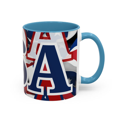 USA! USA! USA Blue font Patriot White Accent Mug by theGreenDragonTavern.shop
