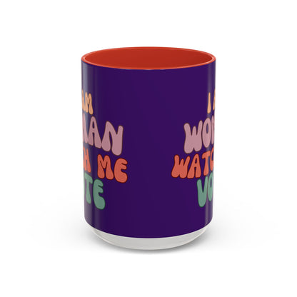I Am Woman Watch Me Vote Dark Purple Accent Mug by theGreenDragonTavern.shop