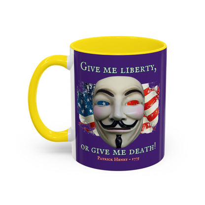 Vendetta, "Give me liberty, or give me death!" Purple Accent Mug by theGreenDragonTavern.shop
