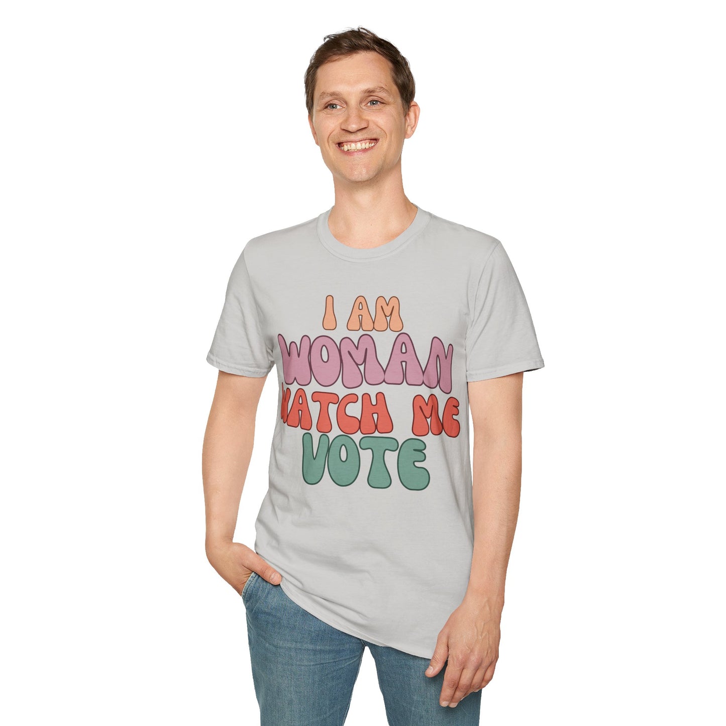 2-sided I Am Woman Watch Me Vote LTcolors Unisex T-Shirt by theGreenDragonTavern.shop