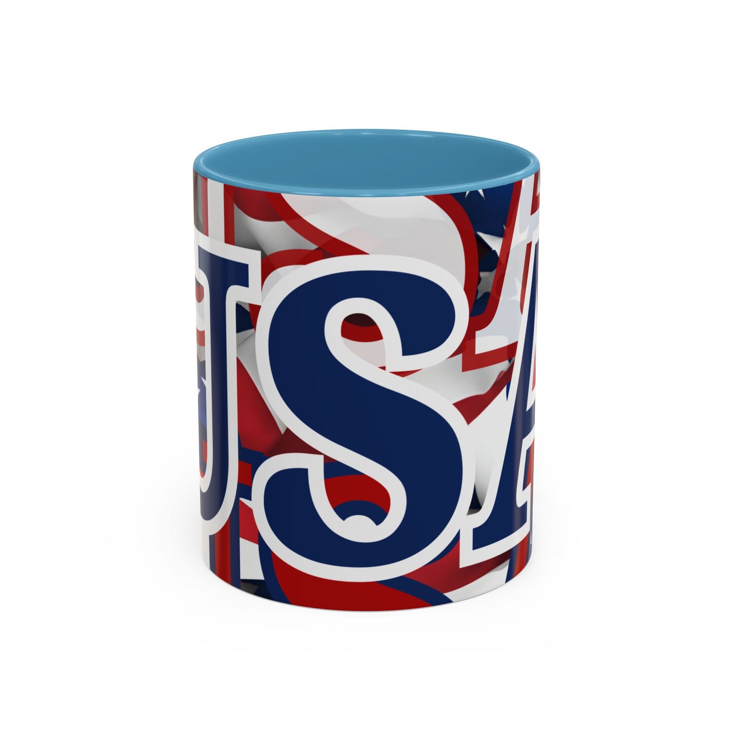 USA! USA! USA Blue font Patriot Black Accent Mug by theGreenDragonTavern.shop