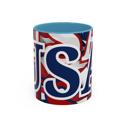 USA! USA! USA Blue font Patriot Black Accent Mug by theGreenDragonTavern.shop