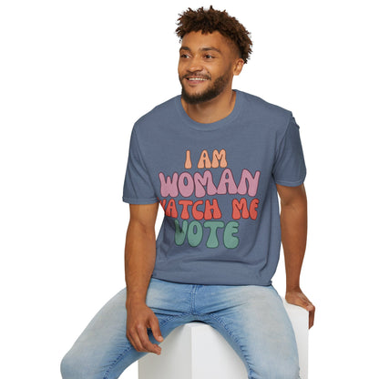2-sided, I Am Woman Watch Me Vote Dark colors Unisex T-Shirt by theGreenDragonTavern.shop