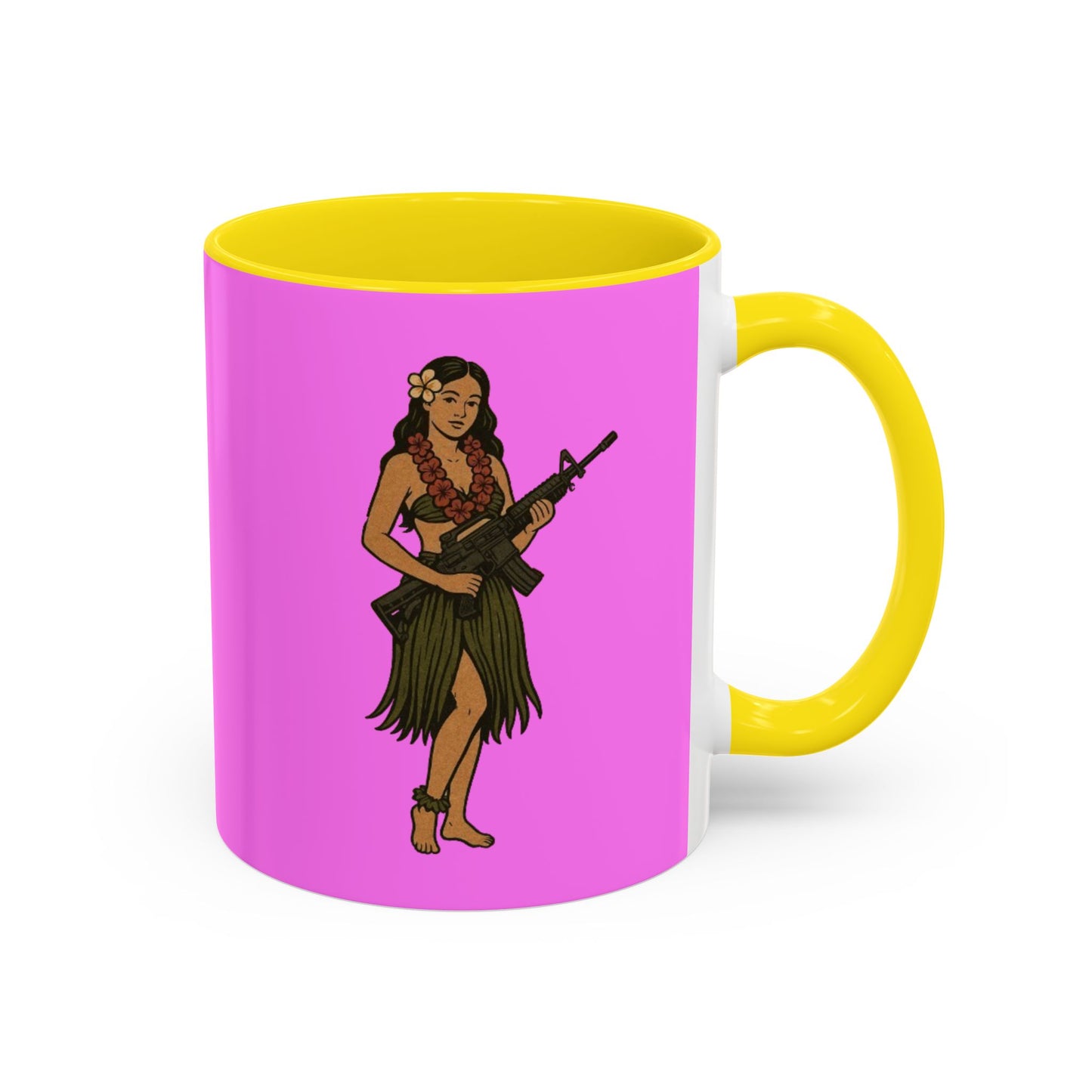 Hula Girl Packin' Heat Pink Accent Mug by theGreenDragonTavern.shop