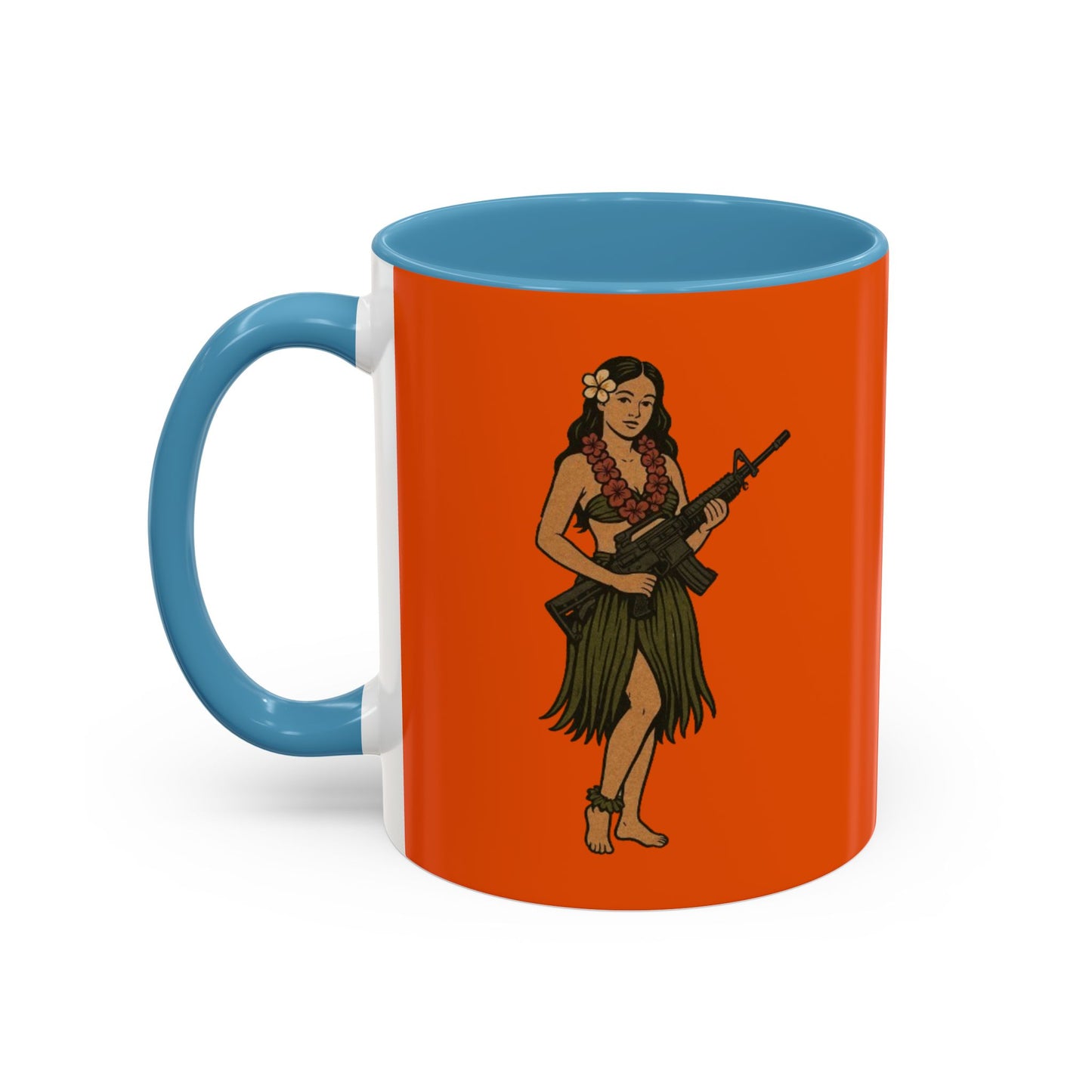 Hula Girl Packin' Heat Orange Accent Mug by theGreenDragonTavern.shop