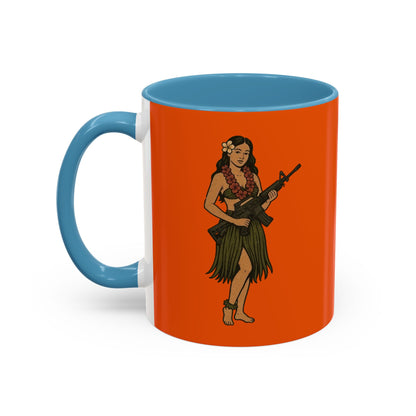 Hula Girl Packin' Heat Orange Accent Mug by theGreenDragonTavern.shop