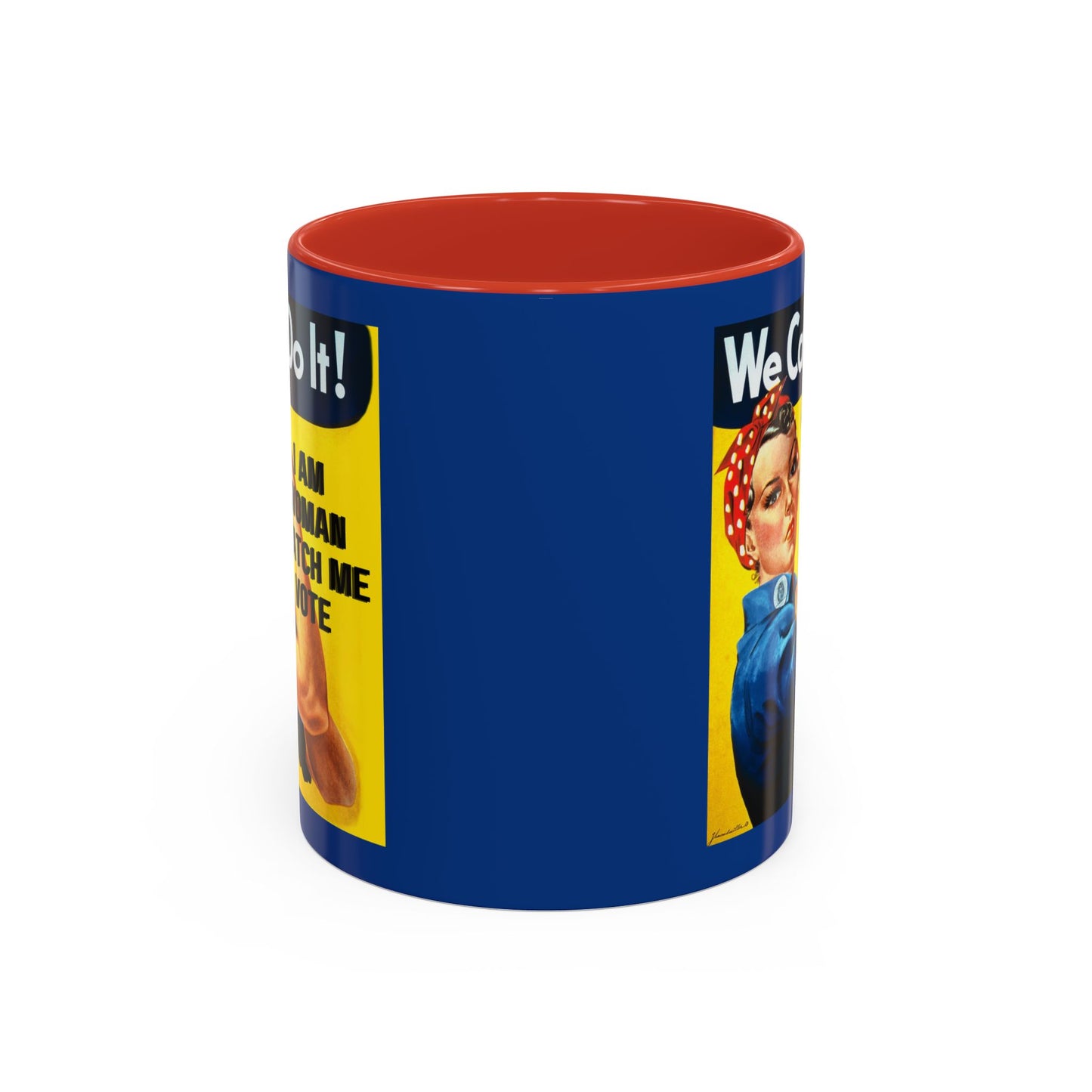 I Am Woman Watch Me Vote Rosie Dark Blue Accent Mug by theGreenDragonTavern.shop