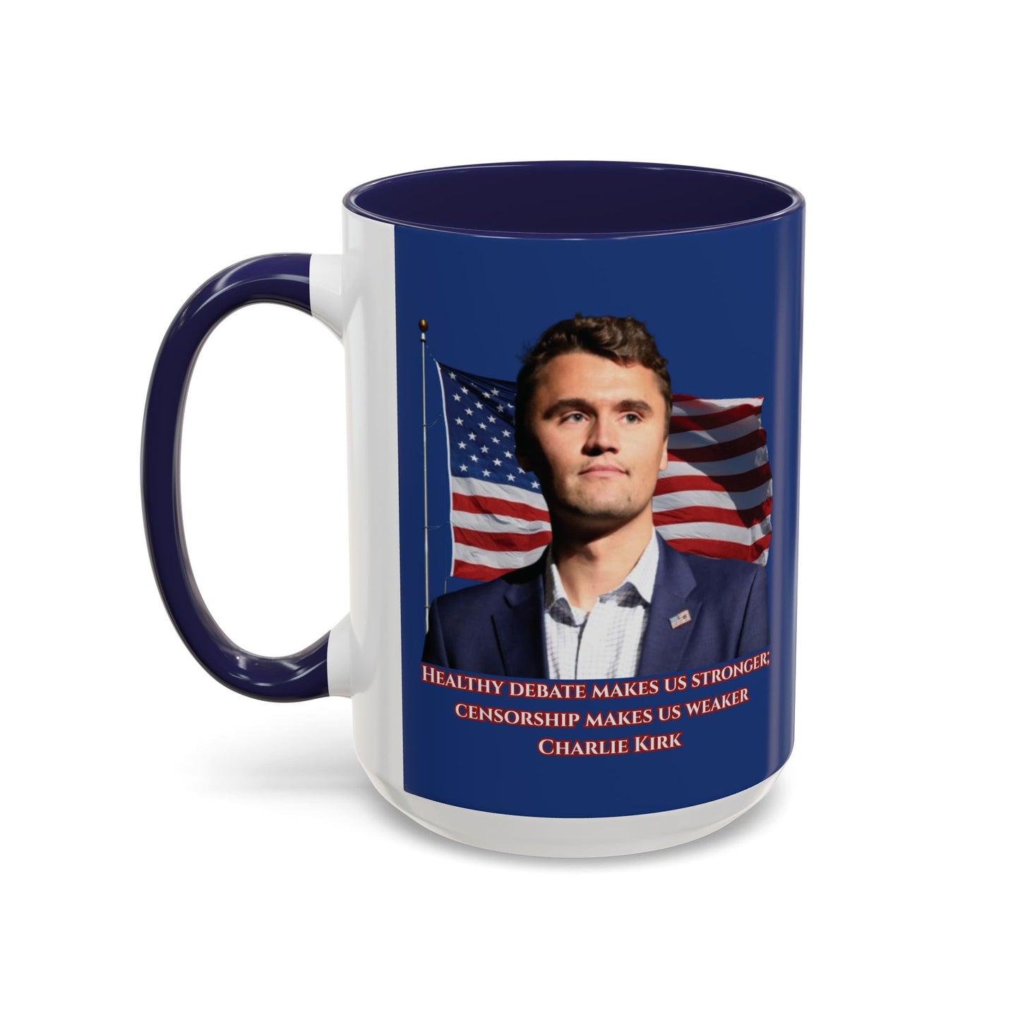 Charlie Kirk, Healthy Debate Blue Accent Mug by theGreenDragonTavern.shop