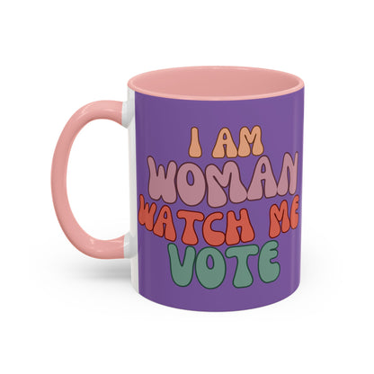 I Am Woman Watch Me Vote Light Purple Accent Mug by theGreenDragonTavern.shop
