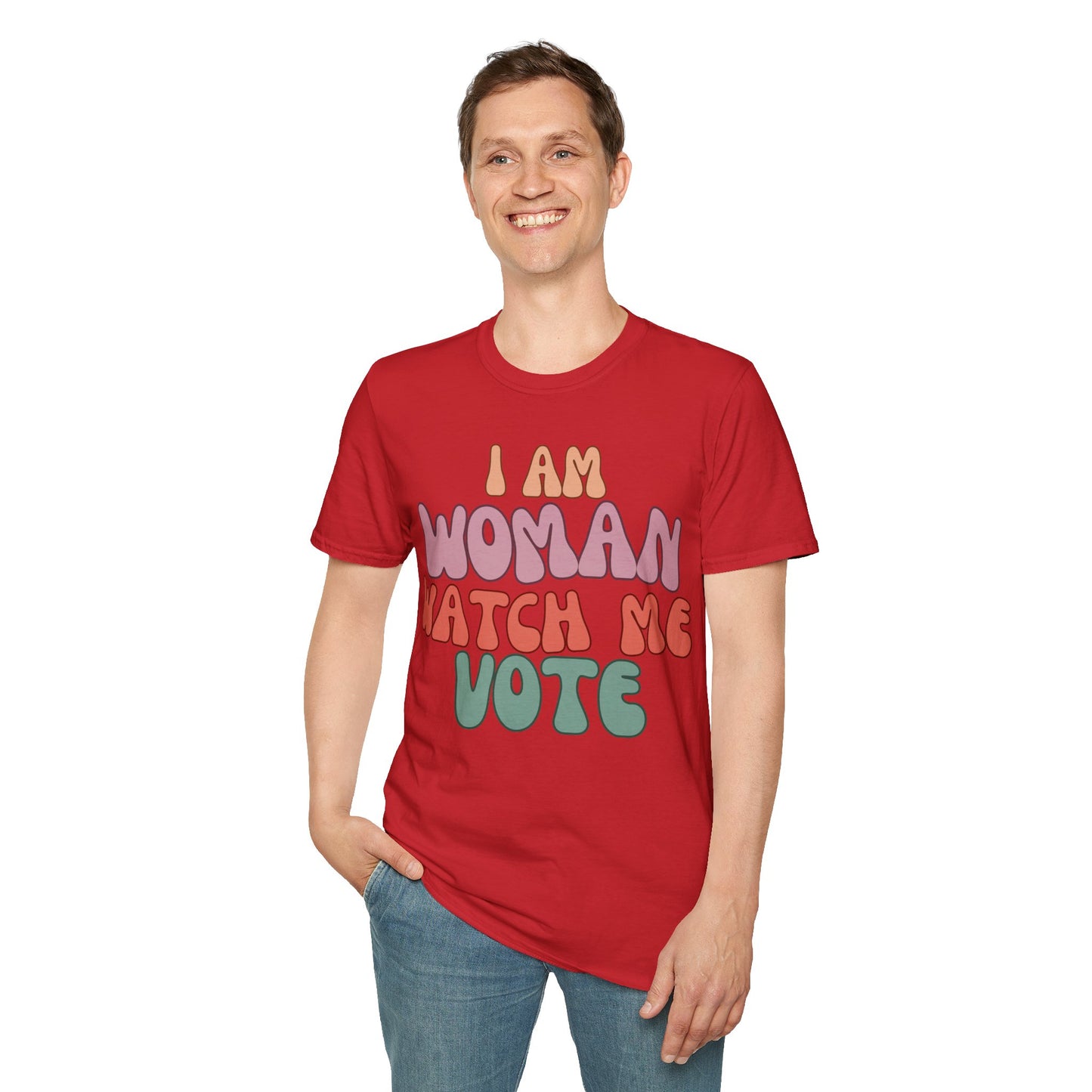 2-sided I Am Woman Watch Me Vote LTcolors Unisex T-Shirt by theGreenDragonTavern.shop