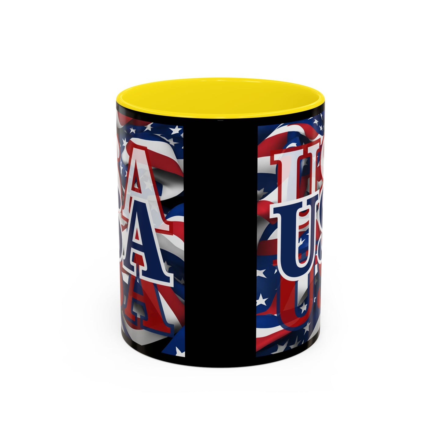 USA Blue font Center Patriot Black Accent Mug by theGreenDragonTavern.shop