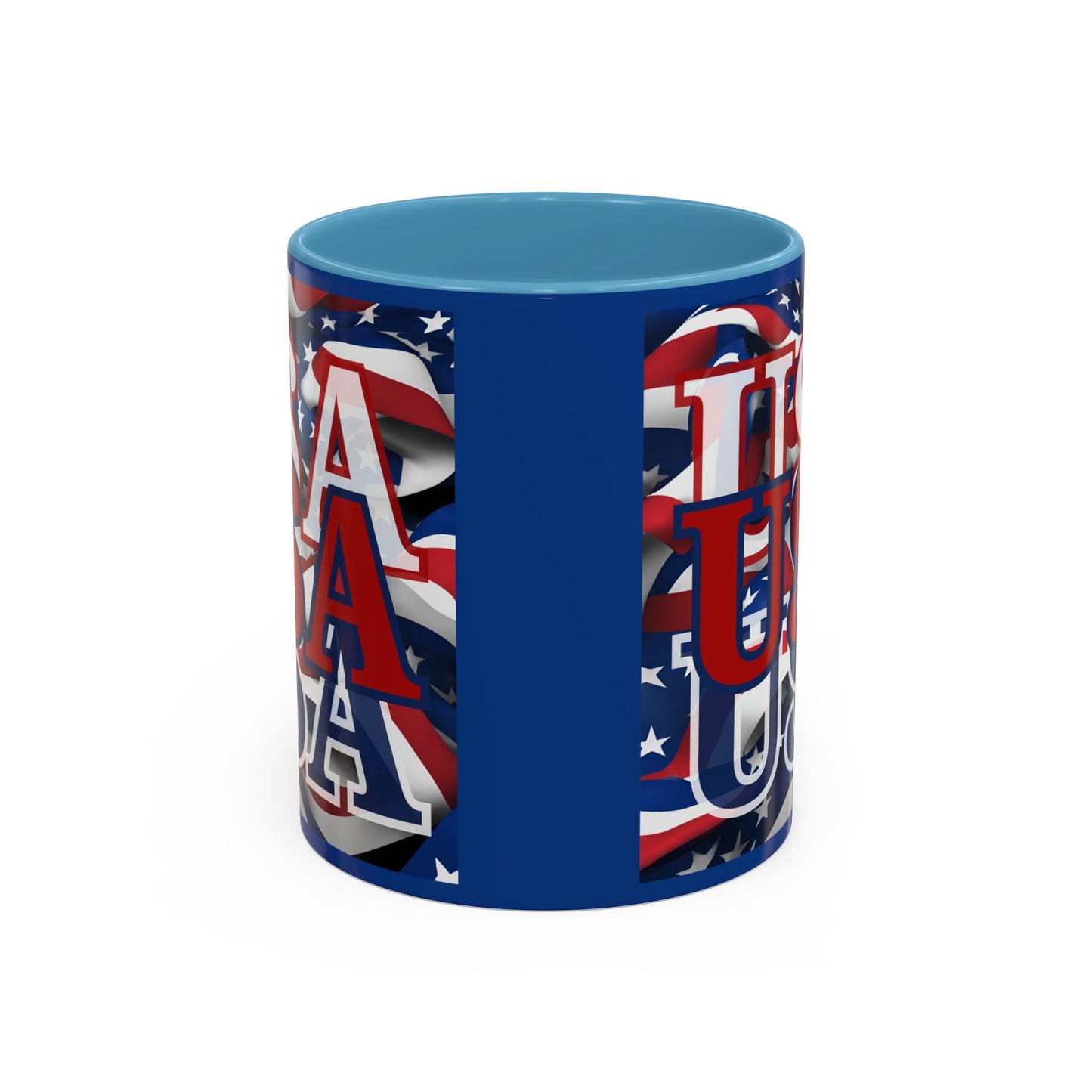 USA Red font Center Patriot Blue Accent Mug by theGreenDragonTavern.shop