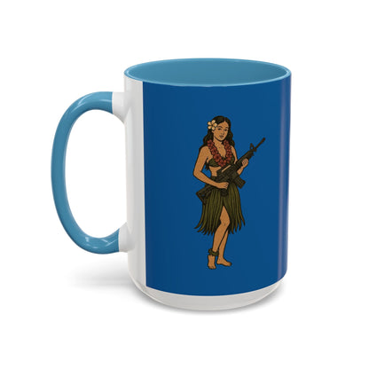 Hula Girl Packin' Heat Dark Blue Accent Mug by theGreenDragonTavern.shop