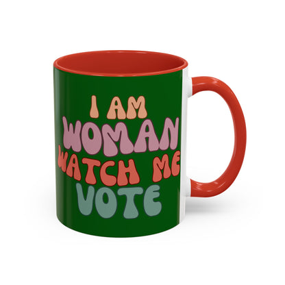 I Am Woman Watch Me Vote Dark Green Accent Mug by theGreenDragonTavern.shop
