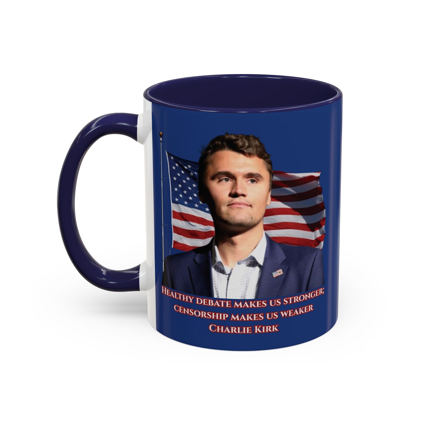 Charlie Kirk, Healthy Debate Blue Accent Mug by theGreenDragonTavern.shop