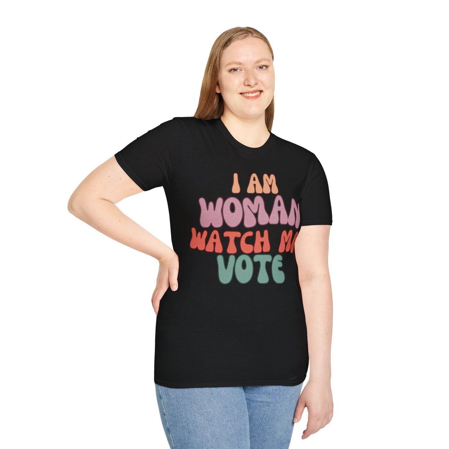 2-sided, I Am Woman Watch Me Vote Dark colors Unisex T-Shirt by theGreenDragonTavern.shop