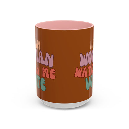 I Am Woman Watch Me Vote Brown Accent Mug by theGreenDragonTavern.shop