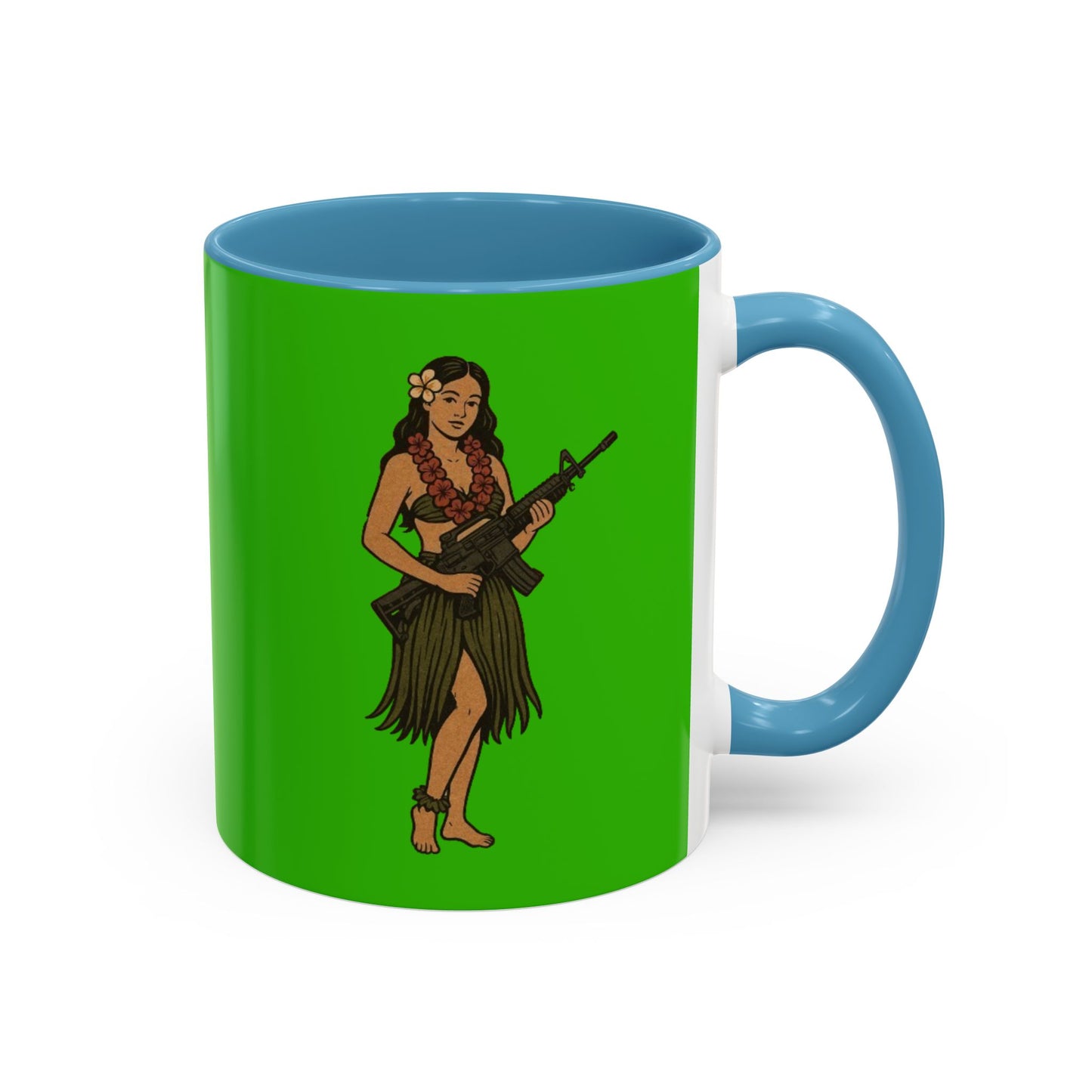 Hula Girl Packin' Heat Light Green Accent Mug by theGreenDragonTavern.shop