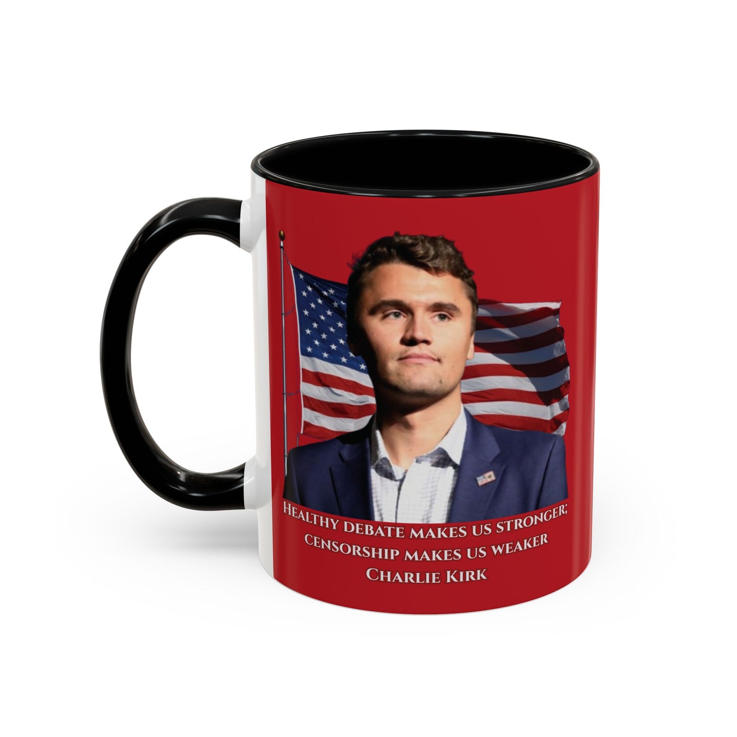 Charlie Kirk, Healthy Debate Red Accent Mug by theGreenDragonTavern.shop