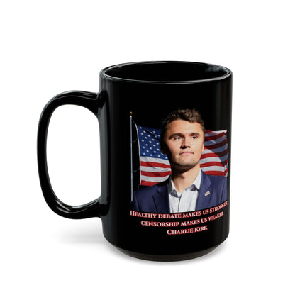 Charlie Kirk, Healthy Debate Black Mug by theGreenDragonTavern.shop
