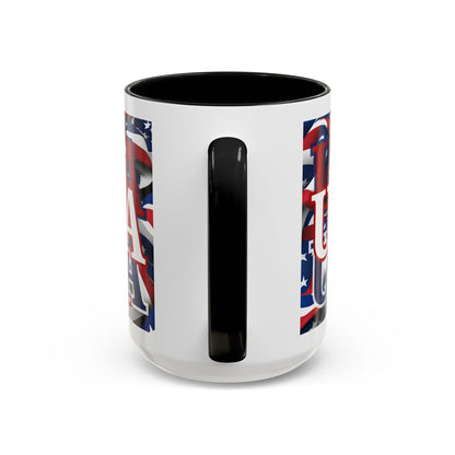 USA White font Center Patriot White Accent Mug by theGreenDragonTavern.shop