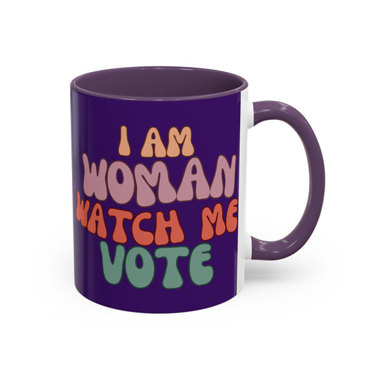 I Am Woman Watch Me Vote Dark Purple Accent Mug by theGreenDragonTavern.shop