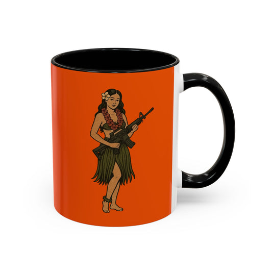 Hula Girl Packin' Heat Orange Accent Mug by theGreenDragonTavern.shop
