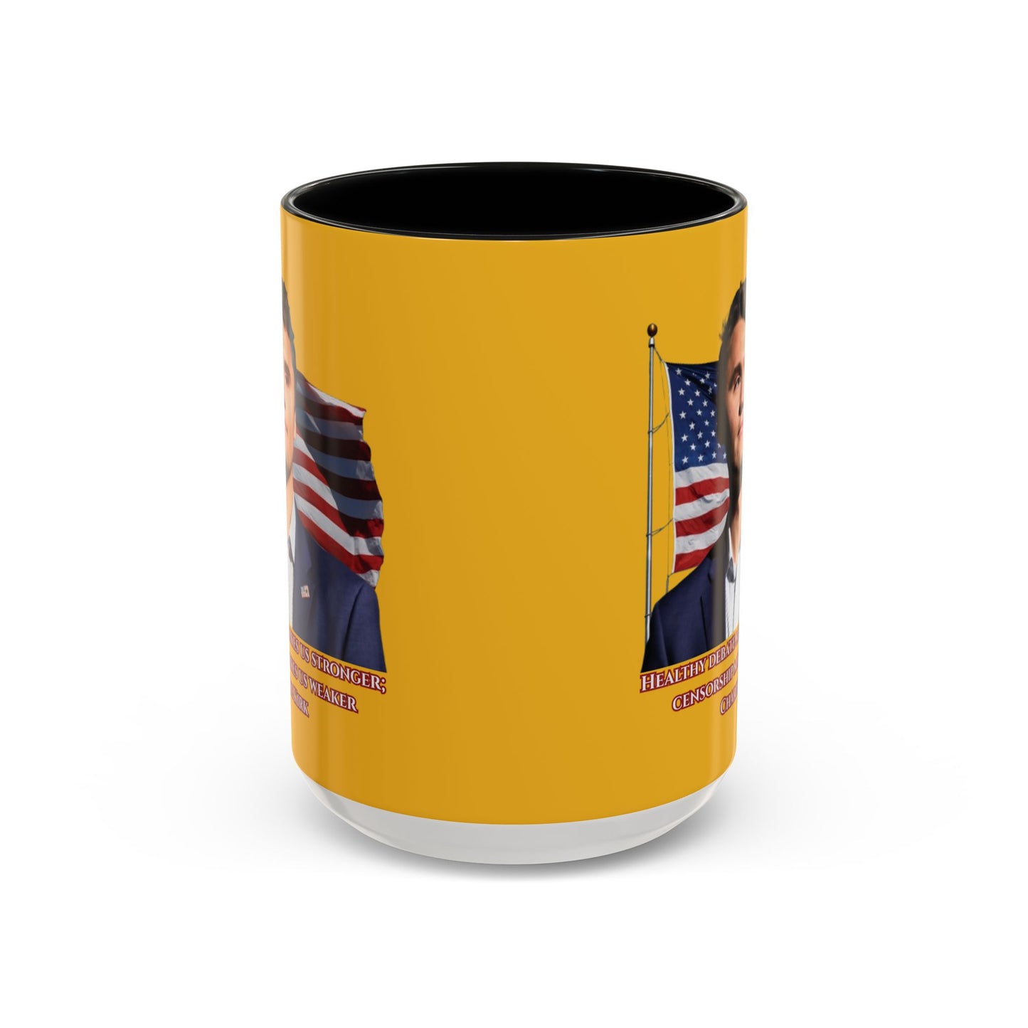 Charlie Kirk, Healthy Debate Yellow Accent Mug by theGreenDragonTavern.shop