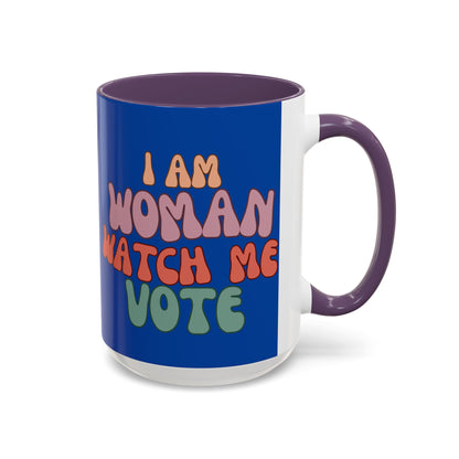 I Am Woman Watch Me Vote Dark Blue Accent Mug by theGreenDragonTavern.shop