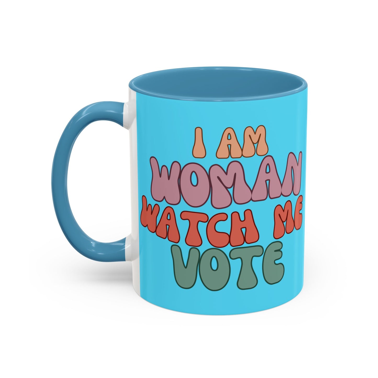 I Am Woman Watch Me Vote Light Blue Accent Mug by theGreenDragonTavern.shop