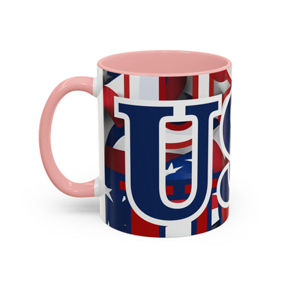 USA! USA! USA Blue font Patriot Blue Accent Mug by theGreenDragonTavern.shop