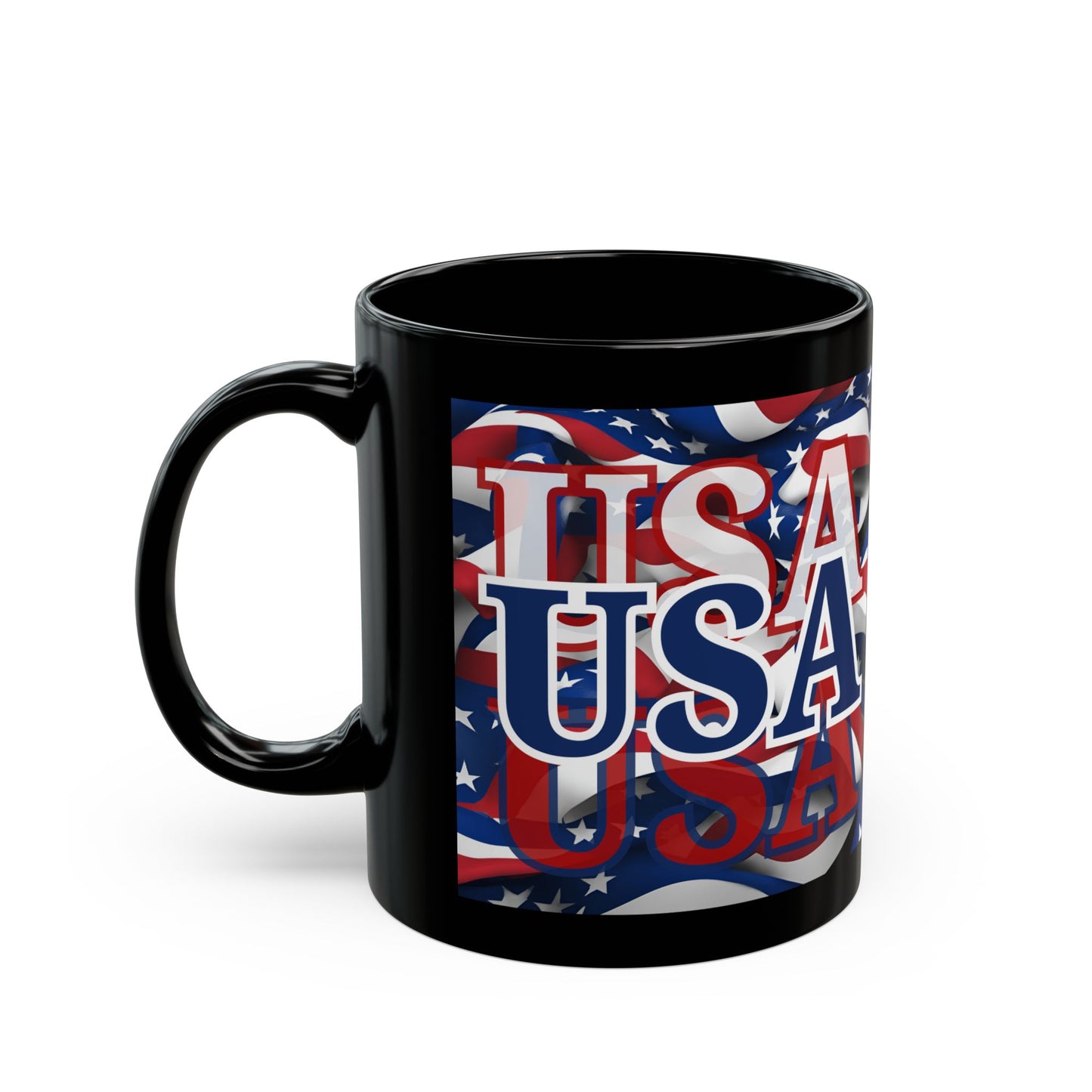 USA Blue font Center Patriot Black Mug by theGreenDragonTavern.shop