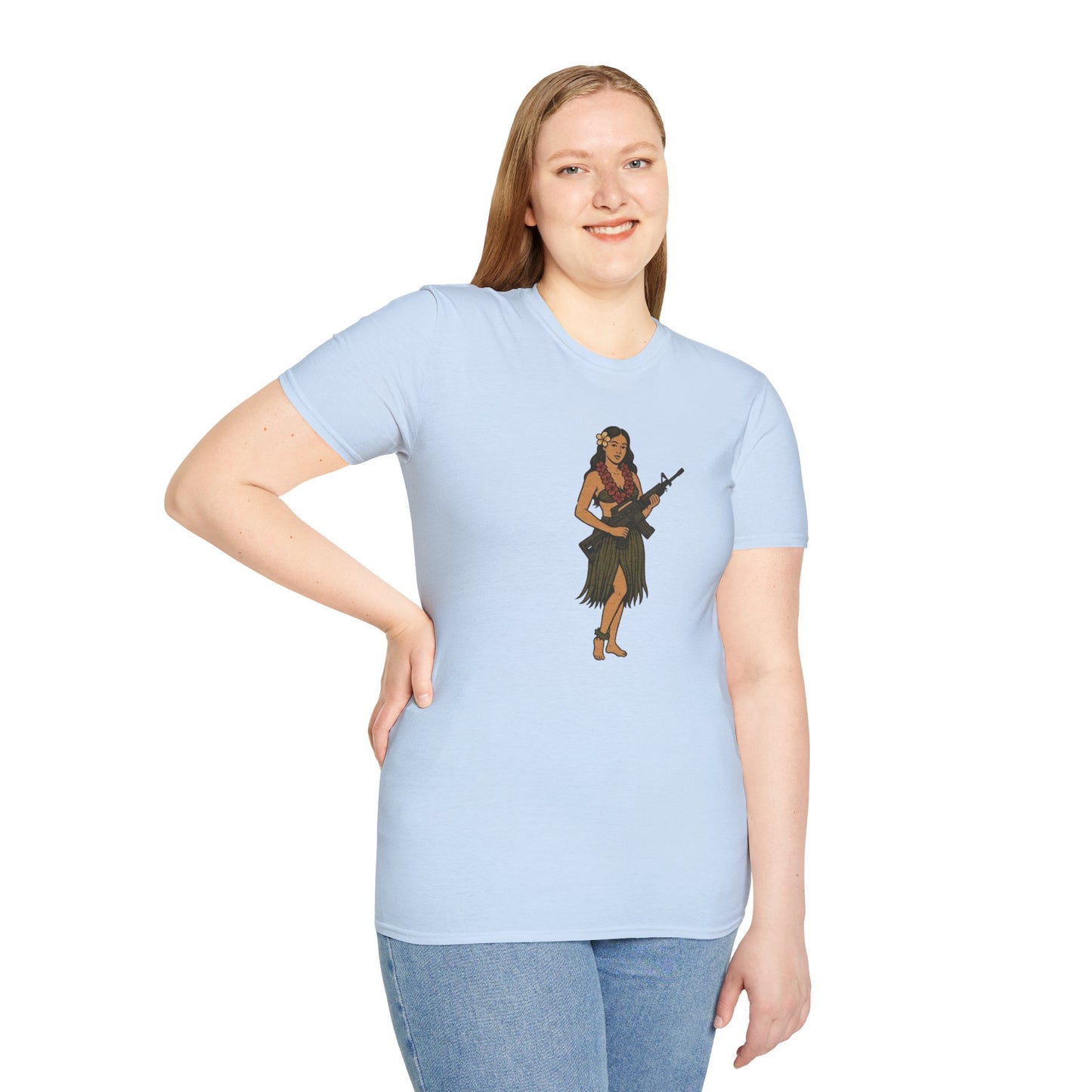 Hula Girl Packin' Heat Light colors Unisex T-Shirt by theGreenDragonTavern.shop