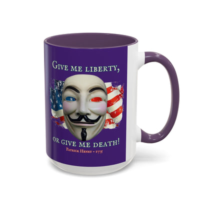 Vendetta, "Give me liberty, or give me death!" Purple Accent Mug by theGreenDragonTavern.shop