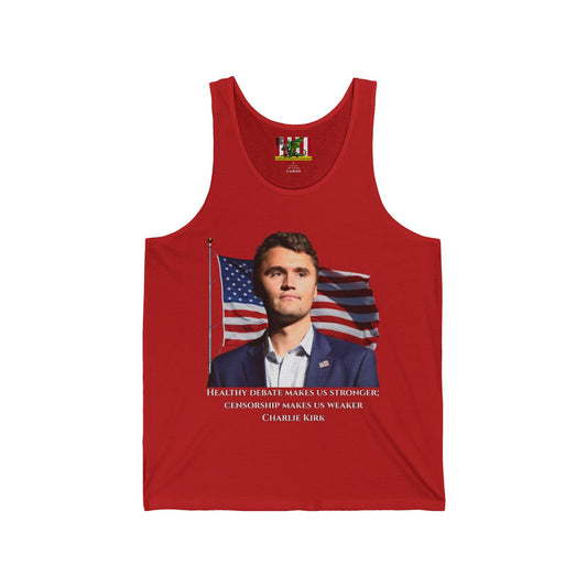 Charlie Kirk, Healthy Debate Unisex Jersey Tank Top by theGreenDragonTavern.shop