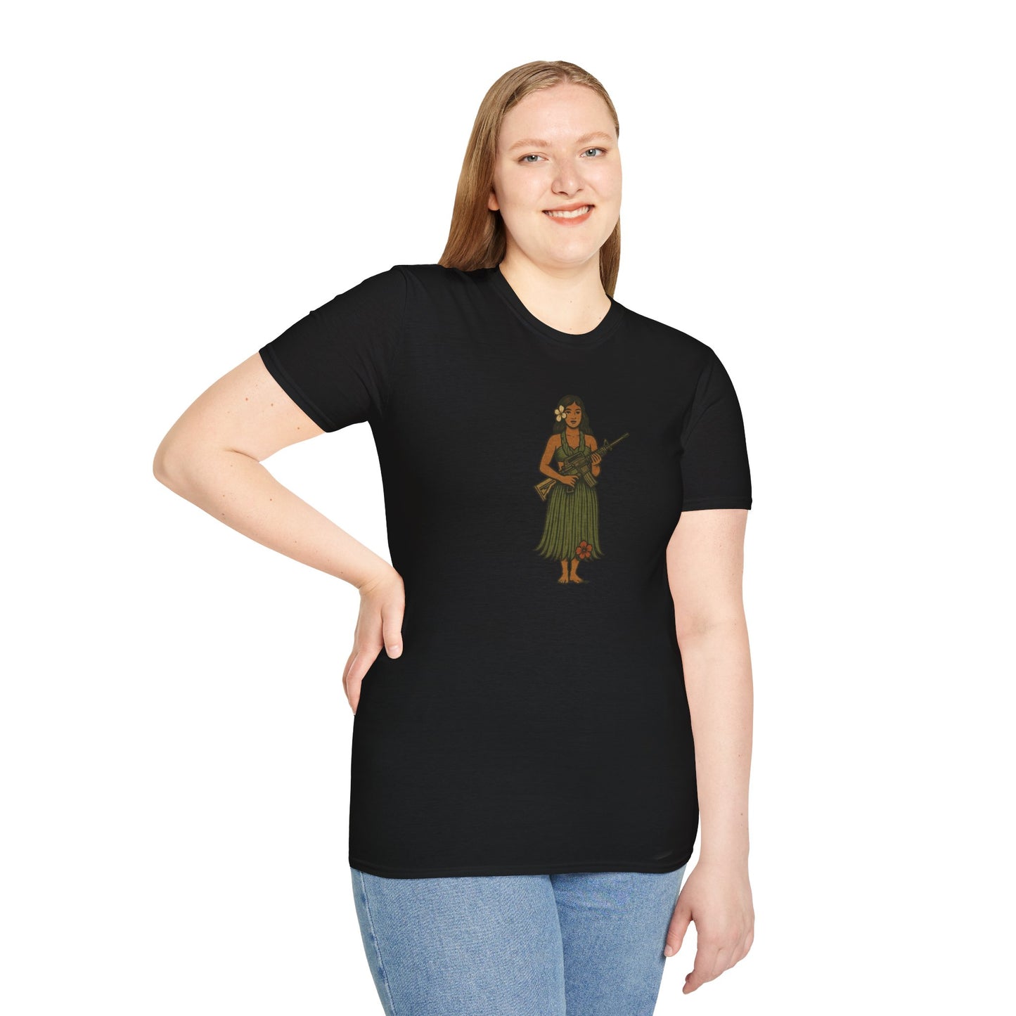 2-sided, Hula Girl Packin' Heat Dark colors Unisex T-Shirt by theGreenDragonTavern.shop