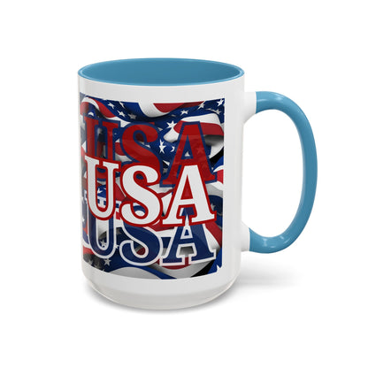 USA White font Center Patriot White Accent Mug by theGreenDragonTavern.shop