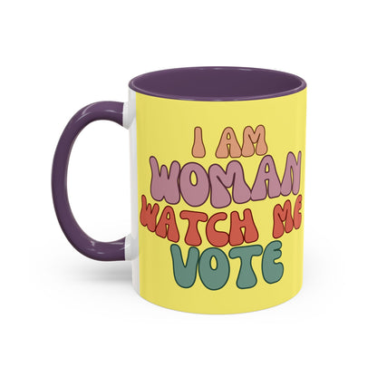 I Am Woman Watch Me Vote Yellow Accent Mug by theGreenDragonTavern.shop
