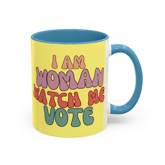 I Am Woman Watch Me Vote Yellow Accent Mug by theGreenDragonTavern.shop