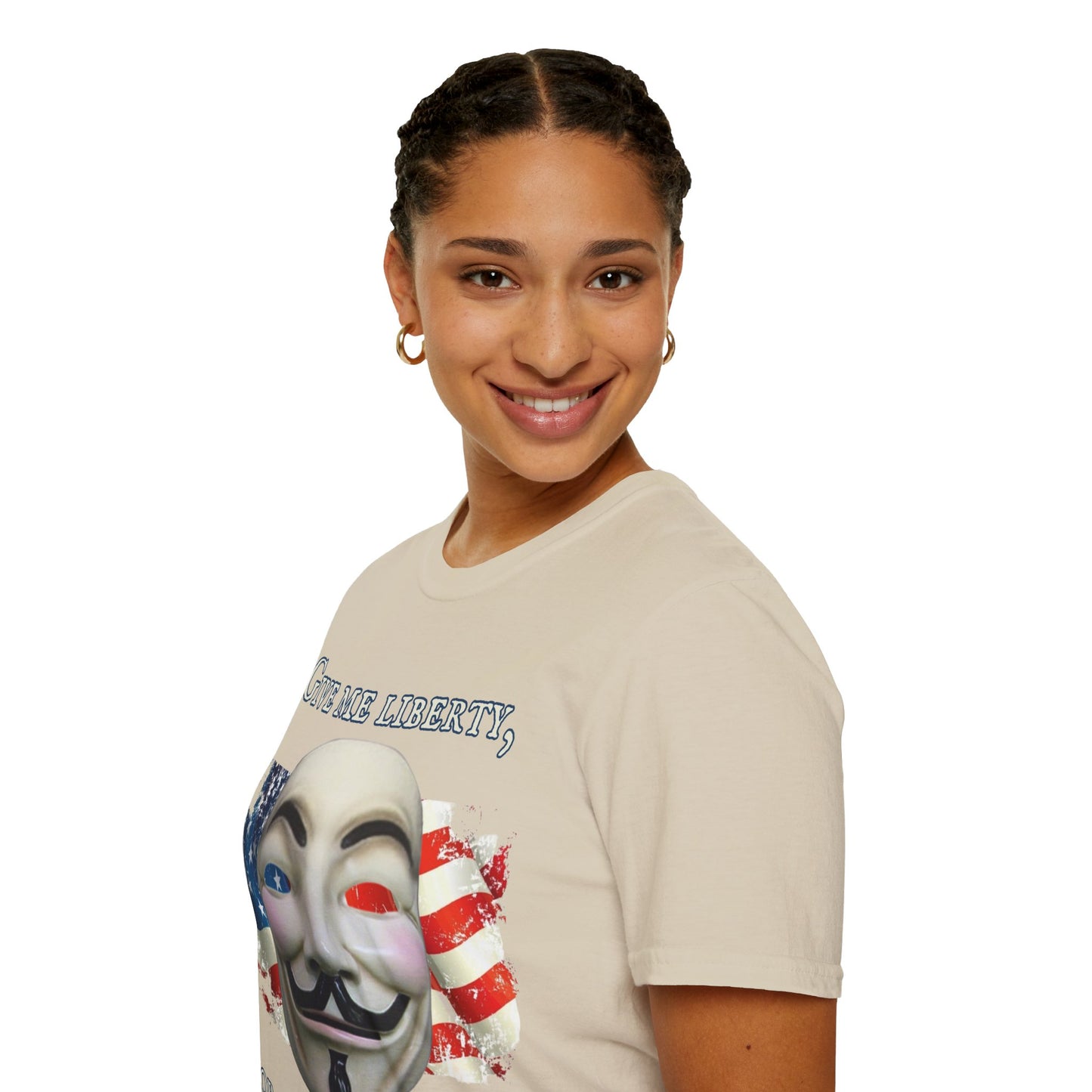 Vendetta, "Give me liberty, or give me death!" Light colors Unisex T-Shirt by theGreenDragonTavern.shop