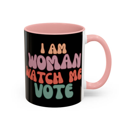 I Am Woman Watch Me Vote Black Accent Mug by theGreenDragonTavern.shop