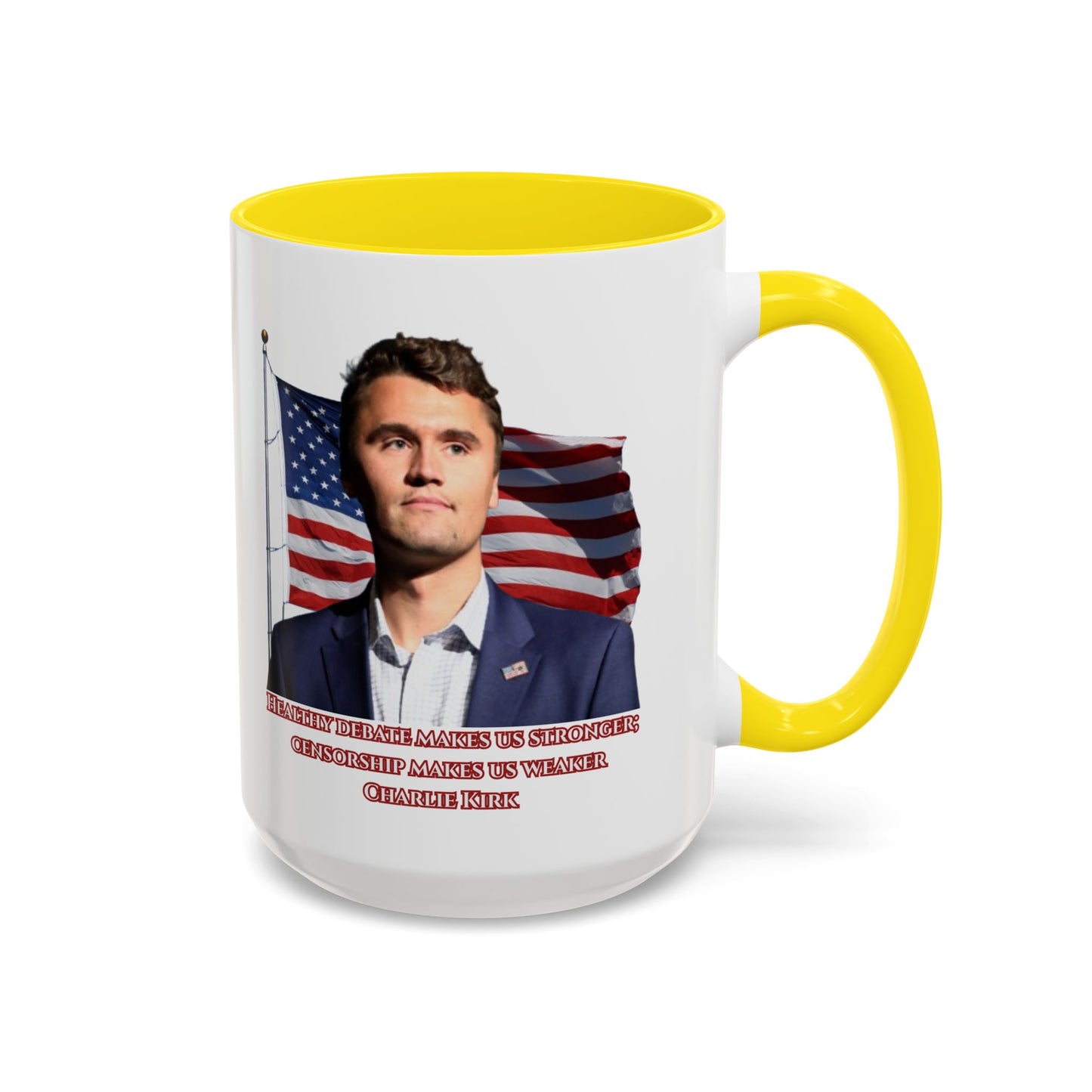 Charlie Kirk, Healthy Debate White Accent Mug by theGreenDragonTavern.shop