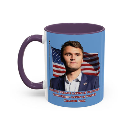 Charlie Kirk, Healthy Debate Light Blue Accent Mug by theGreenDragonTavern.shop
